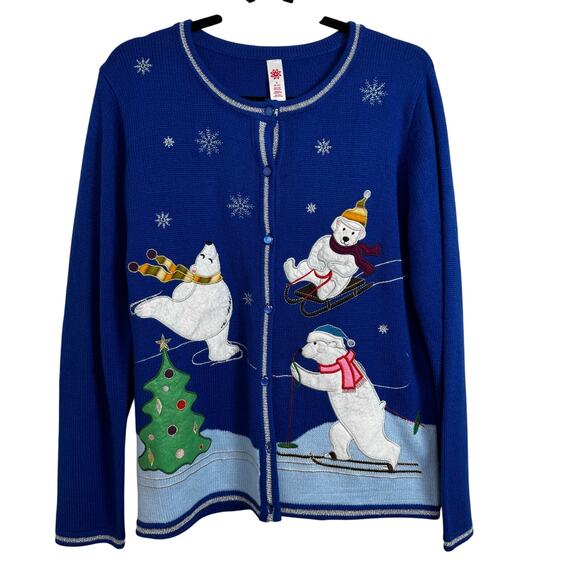 Polar Bear Christmas Cardigan Button Front Sweater Size Medium Blue Holiday - Picture 1 of 6